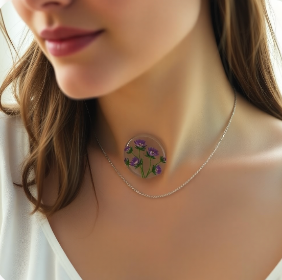 Gerçek çiçek kolye takan model